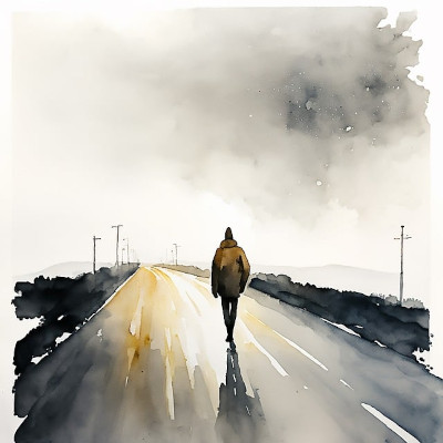 impressionistic watercolor of lonely man hiking down middle of highway